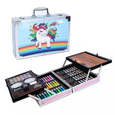 an open suitcase with some art supplies in it