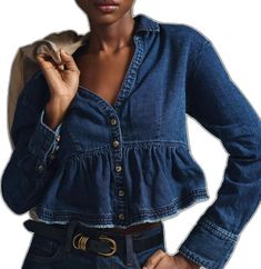 Top With Long Sleeves, Denim Button Down, Anthropologie Top, Neck Collar, Raw Edge, Denim Top, Button Downs, Dark Blue, Anthropologie