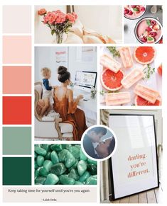 a collage of photos with pink, green and orange hues