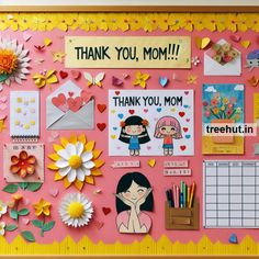 a bulletin board with flowers and pictures on it that says thank you mom, thank you mom