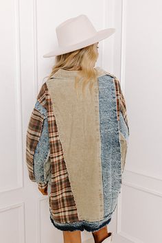 - All the textures and colors of fall fashion have arrived with this trendy layering piece! - Unlined panels of denim, corduroy, and orange, blue, and brown hued plaid materials - Frayed seam accents - A collared neckline - A buttoned front - A functional chest pocket as well as low side pockets - Long, loose sleeves with button closure cuffs - A relaxed silhouette that ends in a frayed hemline Colors Of Fall, Loose Sleeves, Blue And Brown, Plaid Jacket, Sugar And Spice, Layering Pieces, Fall Fashion, Chest Pocket, Layering