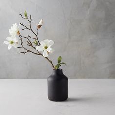 a black vase with white flowers in it on a table next to a gray wall