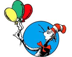 the cat in the hat is holding three balloons