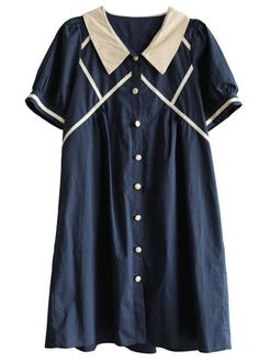 Chic Navy Peter Pan Collar Button Summer Cotton Dress Short Sleeve - SooLinen Preppy Buttoned Dresses For Spring, Spring Dresses With Collar And Buttons, Spring Dresses With Buttons And Collar, Casual Collared Dress With Covered Buttons, Cotton A-line Shirt Dress With Buttons, Collared Cotton Dress With Buttons, Casual A-line Dress With Placket, Cotton Midi Shirt Dress With Buttons, Daywear Dresses With Buttons And Collar