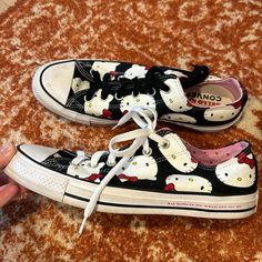 Hello Kitty Converse, Size 10 Condition: Euc Colors: Black, White Red And Yellow Additional Description: One Shoe Has Black Lace And One Shoe Has White! Super Cute Hello Kitty Low Top Converse Smoke Free Home Bundle & Save! Cute Black Lace-up Sneakers, Cute Black Low-top Sneakers, Black Cute Low-top Sneakers, Low Top Converse, Womens Converse, Black Lace, Womens Shoes Sneakers, Size 10, Shoes Sneakers