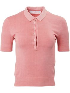 shell pink silk-cotton blend knitted construction polo collar short front button fastening short sleeves straight hem ribbed trim Knitted Polo Shirt, Polo Shirt Colors, Knitted Polo, Shell Pink, Yoko London, City Dress, Knitted Tops, Summer Beach Wear, Pink Silk