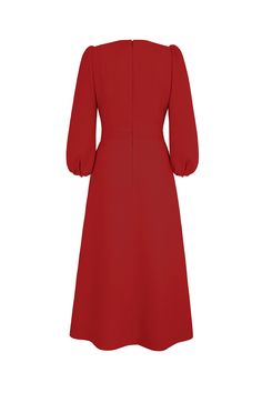 A beautiful soft fixed wrap modern classic occasionwear dress. Softly tailored from lightweight Italian wool crepe and fully lined in silk. A beautiful deep red is the perfect choice for a special occasion. A divine choice which is flattering on all skin tones. The midi length dress has an invisible zip for step-in ease, and the slim bell sleeves add a subtle drama. --- - Outer: 100% Wool Crepe- Lining: 100% Silk - Specialist Dry Clean Only - Made in Portugal--- - Fits true to size - Measure you Elegant Crepe Maxi Dress For Evening, Elegant Evening Crepe Maxi Dress, Elegant A-line Wrap Dress For Evening, Elegant Crepe Maxi Dress For Formal Occasions, Elegant Solid Color Wrap Dress For Party, Elegant Crepe Evening Dress For Formal Occasions, Elegant Solid Color Party Wrap Dress, Elegant Formal Crepe Evening Dress, Elegant Red Evening Dress For Wedding Guest