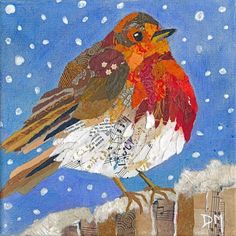 a painting of a bird sitting on top of a fence post in the snow with music notes all over it