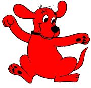 a red dog sitting on the ground with its paws in the air