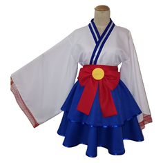 a white and blue dress with red ribbon around the waist