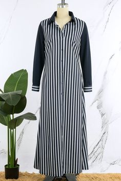 Casual Striped Print Patchwork Buckle Turndown Collar Shirt Dress Dresses Collar Shirt Dress, Collared Shirt Dress, Vintage Summer Dresses, Short Denim Skirt, Printed Summer Dresses, Lace Dress Long, Plus Size Jumpsuit, Playsuit Romper, Casual Stripes