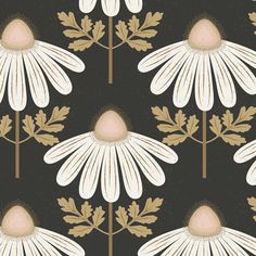 an image of white flowers with leaves on a black background seamless wallpaper pattern