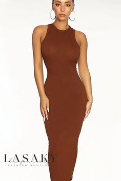 Lasaky - Chic Sleeveless Bodycon Dress featuring a Sophisticated Round Neckline Solid Color Bodycon Midi Dress With Halter Neck, Elegant Brown Bodycon Summer Dress, Sleeveless Brown Maxi Dress For Night Out, Brown Sleeveless Stretch Maxi Dress, Sleeveless Solid Color Midi Dress For Date Night, Sleeveless Brown Bodycon Party Dress, Chic Bodycon Sleeveless Maxi Dress, Sleeveless Brown Bodycon Dress For Night Out, Chic Sleeveless Stretch Midi Dress