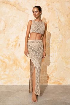 Flook The Label Nima Set Caramel Crochet Tank Top Free, Twisted Skirt, Summer Top Pattern, The Endless Summer, Knitwear Style, Knitted Skirt, Crochet Skirts, One Piece Clothing, Crochet Summer Tops