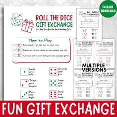 the roll the dice gift exchange game is shown with instructions for how to play it