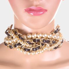 Style No : [374291] Pn1784-Gp-Crm-Dual Color : Cream, Gold Theme : Pearl Necklace Size : 9" + 8" L Decor Size : 2" L Earring Size : 2.25" L Dual Braided Pearl Metal Chain Necklace / Bracelet Chic Adjustable Chain Choker, Pearl Chain Choker For Party, Pearl Chain Choker Necklace For Party, Party Pearl Jewelry With Gold Chain, Gold Pearl Chain Choker For Party, Adjustable Beige Necklaces For Party, Chic Adjustable Cream Jewelry, Metal Pearl Chain Choker For Parties, Pearl Choker With Chain Detail