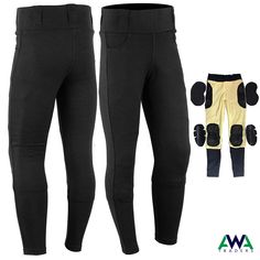 two pairs of black and yellow pants with knee pads on each side, one in the shape of a cow