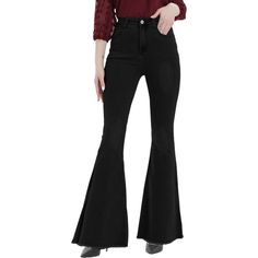 Elevate your denim game with these Women's Distressed Flared Jeans Pants. Made from stretchy denim for comfort and breathability, these jeans feature distressed details, a mid waist, and a trendy bell bottom flare. Edgy Flare Jeans For Fall, Stretch Pants With Frayed Hem For Fall, Edgy Stretch Mid-rise Flare Jeans, Black High Waist Flare Jeans With Frayed Hem, High-waisted Black Flare Jeans For Spring, Ripped Flare Bottoms For Fall, Trendy Full-length Pants With Frayed Hem, Black Stretch Denim Flare Jeans, Fitted Black Flare Jeans With Frayed Hem