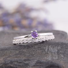 Womens Amethyst Ring, Silver Amethyst Ring, Amethyst Promise Ring, Silver Promise Ring for Her, Unique Amethyst Ring, Dainty Promise Ring WE OFFER UNLIMITED PERIOD INSTALLMENTS PLAN This is a beautiful, stunning, feminine ring that works well for all occasions, styles, and ages. You will love it! Ring information: Main stone: Amethyst Approximate size: 3.0mm Accents stones: White cubic zirconia Approximate size: 1.5mm (16 stones) Metal type: Silver Metal stamp: 925 Sterling Silver Installment Pa Purple Amethyst Diamond Ring, Purple Amethyst Stackable Wedding Rings, Purple Solitaire Birthstone Ring, Purple Amethyst Ring With Accent Stones, Purple Vs Clarity Promise Ring, Purple Amethyst Stackable Promise Rings, Purple Amethyst Stackable Rings For Promise, Purple Amethyst Ring With Center Stone And Round Band, Purple Amethyst Gemstone Ring For Promise