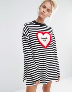 Lazy Oaf Side Split Sweat Top With Mess Heart In Stripe Fun Letter Print T-shirt For Loungewear, Trendy Letter Print T-shirt For Loungewear, Cozy Letter Print T-shirt For Loungewear, Lazy Oaf Aesthetic, Lazy Oaf Dress, Sweat Top, Hoodies Design, Fashion Graphic