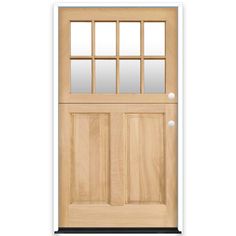 a wooden door with glass panels on the top and bottom panel, against a white background