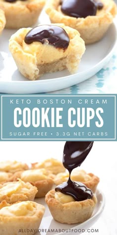 keto boston cream cookie cups on a white plate with chocolate sauce being drizzled over them