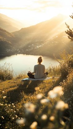 a woman sitting on top of a surfboard in the grass near a body of water