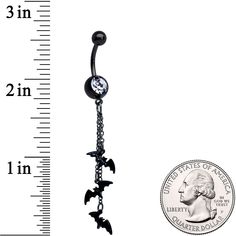 Clear Gem Black Gone Batty Halloween Dangle Belly Ring You'll be all dressed up and ready for Halloween when you wear this 14 gauge navel ring! It's made with a 3/8" black plated over 316L surgical grade stainless steel curved barbell with a 5mm top ball end. The bottom ball end is 8mm and set with a clear gem. Dangling beneath it is a series of chain dangles with bat charms for scary fun!Specifications14 Gauge (1.6mm), 3/8" (10mm), Black Plated over 316L Surgical Grade Stainless Steel Curved Ba Black Internally Threaded Belly Ring, Black Metal Dangle Body Jewelry, Spooky Adjustable Black Jewelry, Adjustable Black Spooky Jewelry, Adjustable Black Gothic Body Jewelry, Gothic Black Dangle Body Jewelry, Black Gothic Body Jewelry Nickel Free, Gothic Black Nickel-free Body Jewelry, Black Nickel-free Gothic Body Jewelry