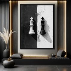 a black and white chess piece is hanging on the wall