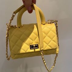 Yellow Stitched Leather Bag Purse Handbag, Chain For Shoulder Bag Elegant Yellow Square Satchel, Top Handle Flap Bag With Chain Strap For Shopping, Chain Strap Top Handle Flap Bag For Shopping, Yellow Rectangular Shoulder Bag With Chain Strap, Classic Square Bag With Chain Strap, Formal Yellow Shoulder Bag With Chain Strap, Chic Yellow Bag With Chain Strap, Yellow Leather Bag With Chain Strap, Yellow Clutch Shoulder Bag With Chain Strap