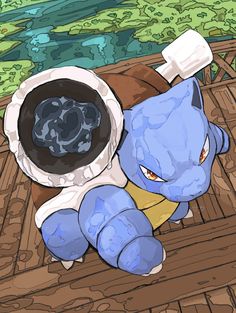 a blue and white pokemon sitting on top of a wooden floor next to a bowl of food