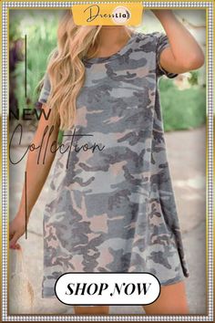 Camouflage Print Round Neck Casual Dress Maxi Dress Outfit Fall, Camo Dress, Round Neck Casual Dress, Camo Outfits, Maxi Dress Outfit, Camo Girl, Dress Silhouette, Camo Print, Casual T Shirts