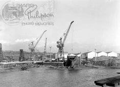 an old black and white photo of some cranes