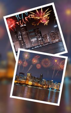 fireworks are lit up in the night sky over a cityscape with buildings and water