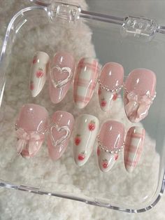 Pink Press On Nails, Bow Nail Art, Strawberry Design, Heart Nail Art, Heart Nail, Korean Nails