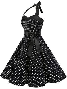 Women Polka Dot Print Summer Dress Sexy Retro White Halter Vintage Dre – jetechband Rockabilly Dresses 50s, Black And White Cocktail Dress, Retro Cocktail Dress, Farewell Sarees, Satin Outfit, 60s Cocktail Dress, 1950s Rockabilly, Dresses 50s, Vintage Halter Dress