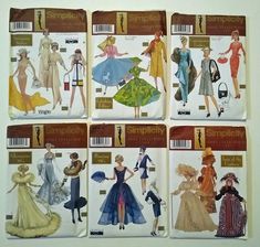 six paper dolls are shown in four different styles