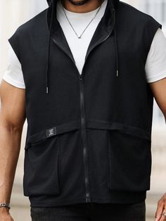 Men's Solid Color Pocket Design Drawstring Casual Sleeveless Hooded Vest, Plain Casual Plus Size Vest Black Casual  Sleeveless Woven Fabric Plain  Slight Stretch  Men Plus Size Clothing, size features are:Bust: ,Length: ,Sleeve Length: Urban Sleeveless Vest With Pockets, Black Hooded Sports Vest, Sleeveless Black Hoodie In Athleisure Style, Sleeveless Black Athleisure Hoodie, Sleeveless Sportswear Hoodie For Streetwear, Sportswear Vest For Streetwear, Hooded Athleisure Vest For Streetwear, Sporty Sleeveless Top With Drawstring, Sleeveless Sportswear Vest For Streetwear