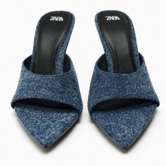 Brand New Zara Denim Mule Heels Sandals Closed Toe Denim Sandals, Denim Blue Open Heel Sandals For Summer, Summer Denim Heels With Pointed Toe, Summer Denim Heels With Open Heel, Chic Open Toe Denim Sandals, Chic Denim Open Toe Sandals, Summer Denim Open Heel Heels, Spring Denim Blue Pointed Toe Heels, Denim Blue Heels For Spring Party