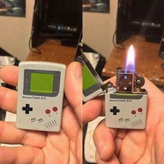 two pictures of someone holding a lighter with a gameboy design on the front and back