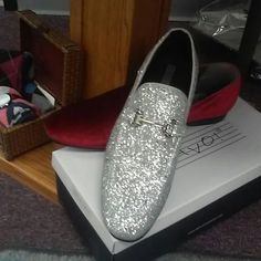 bravo | Shoes | Silver Sparkle Loafer | Poshmark Party Flat Loafers With Branded Insole, Luxury Silver Loafers For Formal Occasions, Luxury Silver Loafers For Business, Silver Slip-on Loafers For Office, Silver Casual Slip-on Loafers, Men’s Black Dress Shoes With Silver, Groom Shoes, Silver Shoes, Loafers