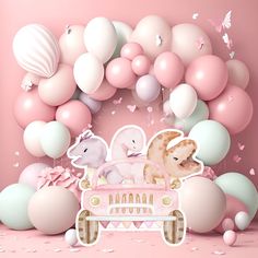 a pink car with balloons and animals in the back is surrounded by pastel colors