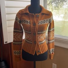 Ladies Burnt Orange, Brown And Cream Sweater By Vince. Size Xs. Never Worn! Fitted Orange Outerwear With Button Closure, Button Down Sweater, Cream Sweater, Orange Brown, Brown Orange, Fur Collar, Fur Collars, Burnt Orange, Sweater Sizes