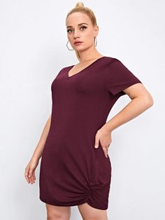 SHEIN Plus Twist Hem Marled Knit Dress – Chicgrl Casual Basics, Summer Plus Size, Grey Pattern, Maroon Color