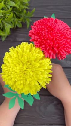 two red and yellow paper pom - poms are held by someone's hands