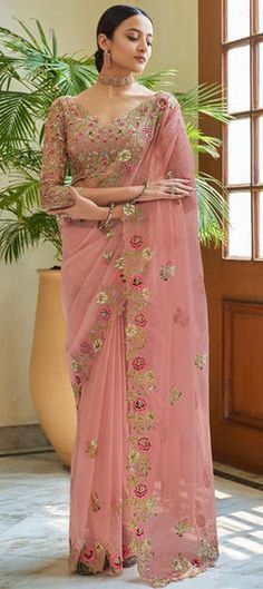 Pink and Majenta color Saree in Georgette fabric with Embroidered, Sequence, Thread work Ribbon Rose Bouquets, Sequence Saree, Saree Designer, Saree Embroidery, Wedding Pink, Embroidery Saree