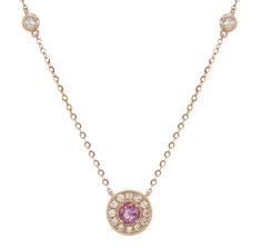 This stunning necklace combines elegance and classic style with modern sophistication. Featuring an eye-catching diamond and pink sapphire pendant, this necklace is sure to make any woman shine! A perfect gift for any occasion! Metal: 18K Rose GoldDiamond Weight: 14 Round Brilliant-cuts 0.21ct t.w. Pink Sapphire Weight: 3 Round Sapphires 0.32ct t.w.Chain: 40+2cm / Dimensions: D 9mm with Milgrain- Bezel Estimated production time is 4 - 5 weeks Round Pink Sapphire Jewelry With Pave Setting, Luxury Pink Necklace With Brilliant Cut, Luxury Pink Necklaces With Brilliant Cut, Formal Pink Diamond Necklace, Pink Diamond Necklace For Formal Occasions, Luxury Pink Necklaces With Diamond Accents, Luxury Pink Diamond Necklace, Elegant Pink Diamond Necklace With Accents, Pink Diamond Necklace As Gift