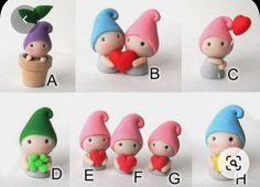 four different pictures of small figurines with hearts