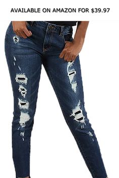 One 5 One Destructed Skinny Dark Wash 6 ◆ AVAILABLE ON AMAZON FOR: $39.97 ◆ These Destructed Skinny jeans come patched underneath for a repaired look.98% cotton, 2% spandex.Distressed look for style.Patchwork underneath holes.Standard zipper and button closure. Cute Ripped Jeans, Womens White Jeans, Best Jeans For Women, Womens Ripped Jeans, Blue Planet, Black Jeans Women, Black Ripped Jeans, Boom Boom, Best Jeans