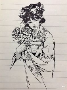 a drawing of a woman with flowers in her hair and holding a bouquet of roses